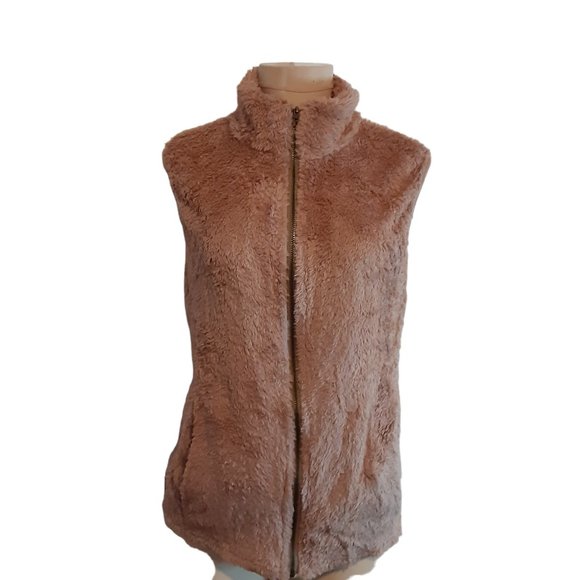 Sherpa Plush Faux Fur Front Zip Ladies Vest Beige/Tan/light brown - Picture 1 of 15